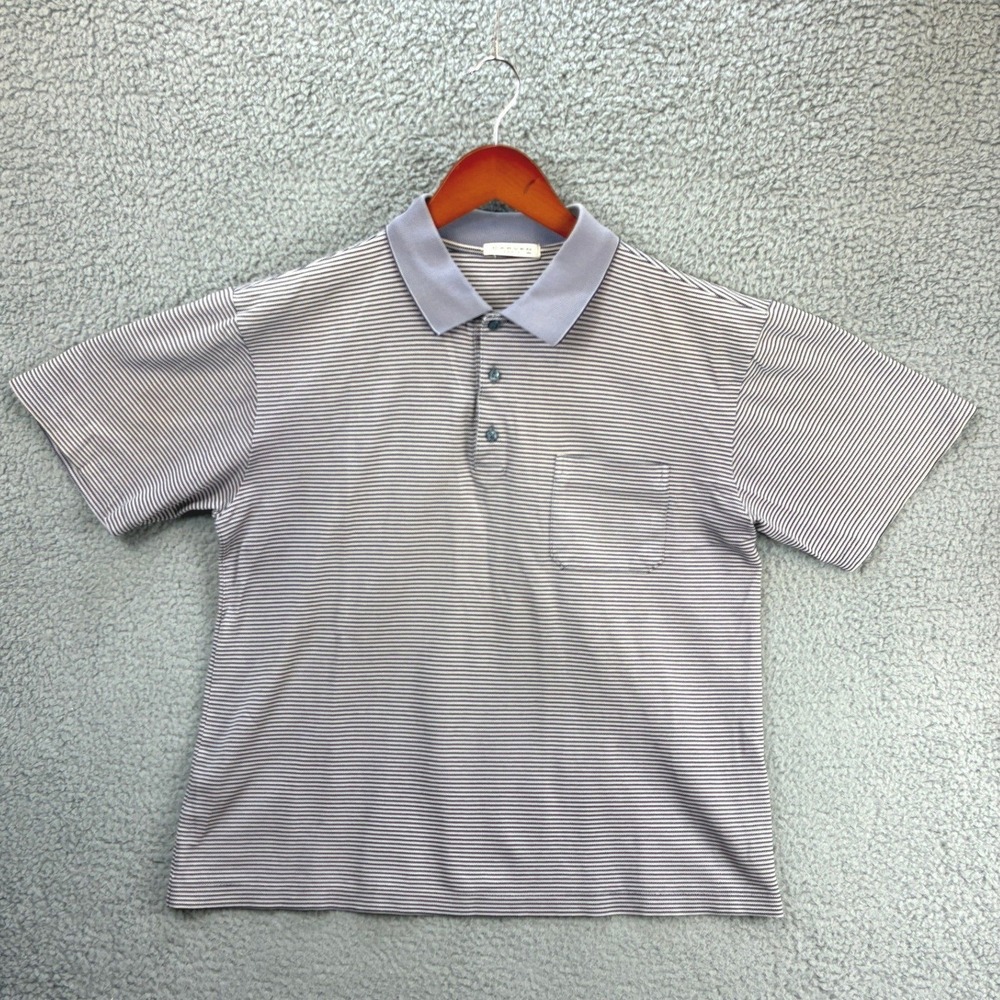 Carven Paris Striped Polo Shirt Mens L Blue Grey Short Sleeve Pocket Vintage